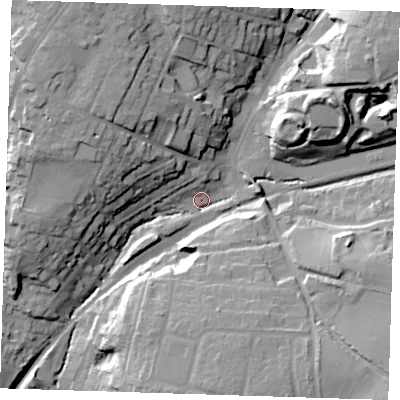 Shaded relief map of the ground around CM248BH, computed from Environment Agency LiDAR. The ground here sits at about 68 m above sea level and falls 27 m across the surrounding 800 m. Surface water reaching this point runs off ground lying to the north-west, 24.8 m higher.