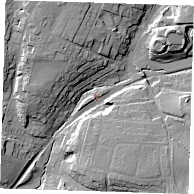 Shaded relief map of the ground around CM248BJ, computed from Environment Agency LiDAR. The ground here sits at about 69 m above sea level and falls 27 m across the surrounding 800 m. Surface water reaching this point runs off ground lying to the south-east, 16.7 m higher.