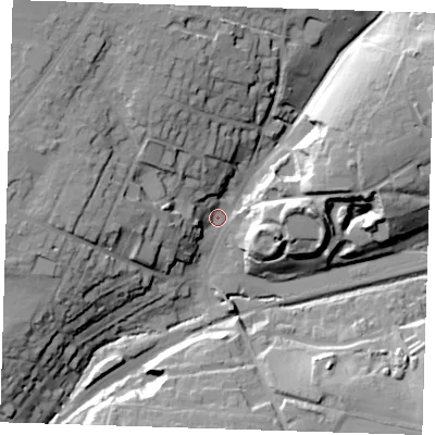 Shaded relief map of the ground around CM248LN, computed from Environment Agency LiDAR. The ground here sits at about 68 m above sea level and falls 27 m across the surrounding 800 m. Surface water reaching this point runs off ground lying to the west-north-west, 21.9 m higher.