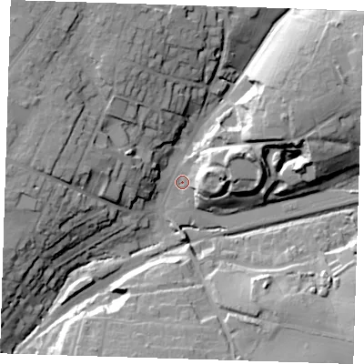 Shaded relief map of the ground around CM248LP, computed from Environment Agency LiDAR. The ground here sits at about 68 m above sea level and falls 27 m across the surrounding 800 m. Surface water reaching this point runs off ground lying to the north-west, 22.7 m higher.