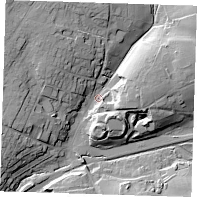 Shaded relief map of the ground around CM248LR, computed from Environment Agency LiDAR. The ground here sits at about 70 m above sea level and falls 26 m across the surrounding 800 m. Surface water reaching this point runs off ground lying to the north-west, 21.7 m higher.