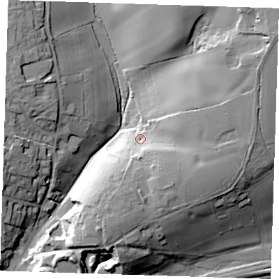 Shaded relief map of the ground around CM248LS, computed from Environment Agency LiDAR. The ground here sits at about 78 m above sea level and falls 29 m across the surrounding 800 m. Surface water reaching this point runs off ground lying to the south-east, 11.8 m higher.
