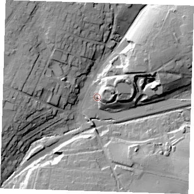 Shaded relief map of the ground around CM248LY, computed from Environment Agency LiDAR. The ground here sits at about 70 m above sea level and falls 26 m across the surrounding 800 m. Surface water reaching this point runs off ground lying to the north-west, 22.7 m higher.