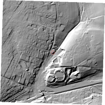 Shaded relief map of the ground around CM248NB, computed from Environment Agency LiDAR. The ground here sits at about 72 m above sea level and falls 26 m across the surrounding 800 m. Surface water reaching this point runs off ground lying to the north-west, 21.7 m higher.