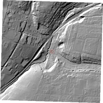 Shaded relief map of the ground around CM248NE, computed from Environment Agency LiDAR. The ground here sits at about 65 m above sea level and falls 27 m across the surrounding 800 m. Surface water reaching this point runs off ground lying to the south-east, 23.0 m higher.