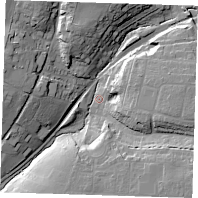 Shaded relief map of the ground around CM248NG, computed from Environment Agency LiDAR. The ground here sits at about 66 m above sea level and falls 27 m across the surrounding 800 m. Surface water reaching this point runs off ground lying to the east, 18.5 m higher.