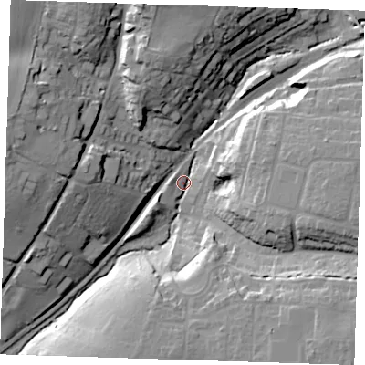 Shaded relief map of the ground around CM248PL, computed from Environment Agency LiDAR. The ground here sits at about 66 m above sea level and falls 27 m across the surrounding 800 m. Surface water reaching this point runs off ground lying to the east-north-east, 14.0 m higher.