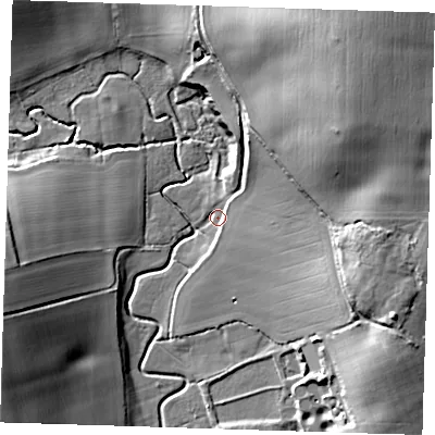 Shaded relief map of the ground around CM248TP, computed from Environment Agency LiDAR. The ground here sits at about 61 m above sea level and falls 35 m across the surrounding 800 m. Surface water reaching this point runs off ground lying to the north-east, 30.3 m higher.