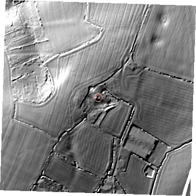 Shaded relief map of the ground around CM248TY, computed from Environment Agency LiDAR. The ground here sits at about 96 m above sea level and falls 22 m across the surrounding 800 m. Surface water reaching this point runs off ground lying to the west-south-west, 4.0 m higher.
