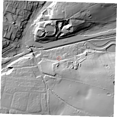 Shaded relief map of the ground around CM248XH, computed from Environment Agency LiDAR. The ground here sits at about 71 m above sea level and falls 27 m across the surrounding 800 m. Surface water reaching this point runs off ground lying to the south, 12.2 m higher.