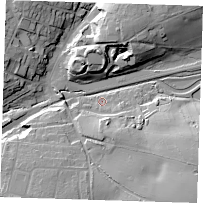 Shaded relief map of the ground around CM248XJ, computed from Environment Agency LiDAR. The ground here sits at about 68 m above sea level and falls 26 m across the surrounding 800 m. Surface water reaching this point runs off ground lying to the south-east, 3.2 m higher.
