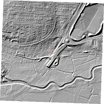 Shaded relief map of the ground around CM26DG, computed from Environment Agency LiDAR. The ground here sits at about 23 m above sea level and falls 14 m across the surrounding 800 m. Surface water reaching this point runs off ground lying to the north-north-west, 12.6 m higher.
