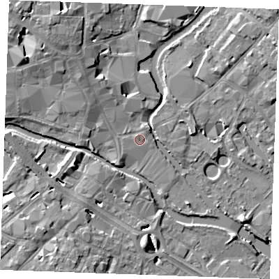 Shaded relief map of the ground around CM26FA, computed from Environment Agency LiDAR. The ground here sits at about 24 m above sea level and falls 10 m across the surrounding 800 m. Surface water reaching this point runs off ground lying to the north-west, 5.0 m higher.