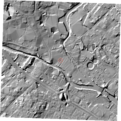 Shaded relief map of the ground around CM26FD, computed from Environment Agency LiDAR. The ground here sits at about 24 m above sea level and falls 10 m across the surrounding 800 m. Surface water reaching this point runs off ground lying to the west-north-west, 1.0 m higher.