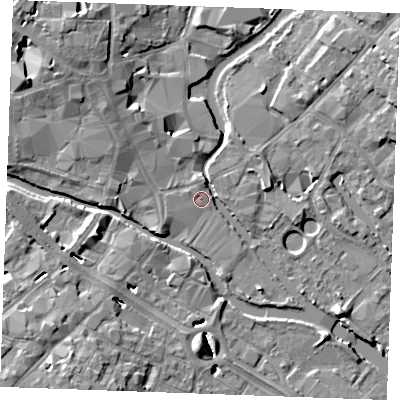 Shaded relief map of the ground around CM26FF, computed from Environment Agency LiDAR. The ground here sits at about 24 m above sea level and falls 10 m across the surrounding 800 m. Surface water reaching this point runs off ground lying to the west-south-west, 0.8 m higher.