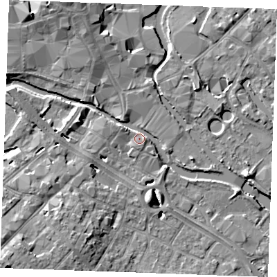 Shaded relief map of the ground around CM26FH, computed from Environment Agency LiDAR. The ground here sits at about 25 m above sea level and falls 11 m across the surrounding 800 m. Surface water reaching this point runs off ground lying to the north-west, 7.9 m higher.