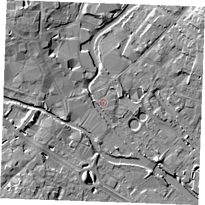 Shaded relief map of the ground around CM26FL, computed from Environment Agency LiDAR. The ground here sits at about 25 m above sea level and falls 12 m across the surrounding 800 m. Surface water reaching this point runs off ground lying to the east-north-east, 3.1 m higher.