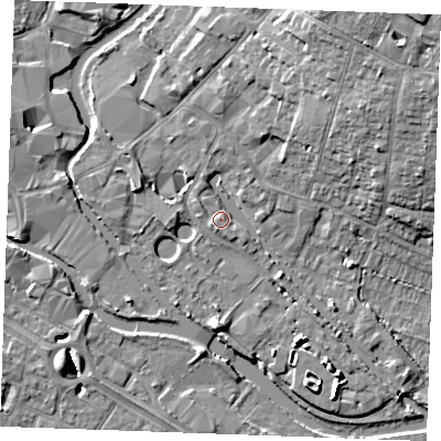 Shaded relief map of the ground around CM26FS, computed from Environment Agency LiDAR. The ground here sits at about 24 m above sea level and falls 16 m across the surrounding 800 m. Surface water reaching this point runs off ground lying to the south-south-east, 1.8 m higher.