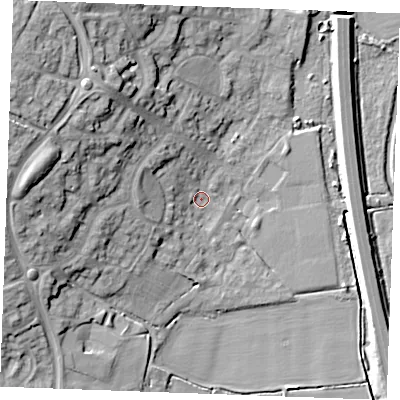 Shaded relief map of the ground around CM26GJ, computed from Environment Agency LiDAR. The ground here sits at about 19 m above sea level and falls 21 m across the surrounding 800 m. Surface water reaching this point runs off ground lying to the west-north-west, 6.4 m higher.