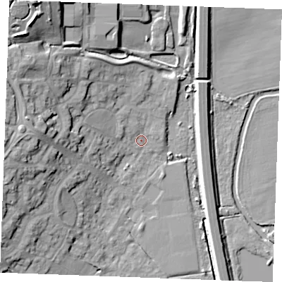 Shaded relief map of the ground around CM26GL, computed from Environment Agency LiDAR. The ground here sits at about 19 m above sea level and falls 22 m across the surrounding 800 m. Surface water reaching this point runs off ground lying to the west-north-west, 15.3 m higher.