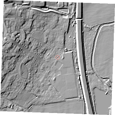Shaded relief map of the ground around CM26GP, computed from Environment Agency LiDAR. The ground here sits at about 19 m above sea level and falls 21 m across the surrounding 800 m. Surface water reaching this point runs off ground lying to the west-north-west, 15.0 m higher.