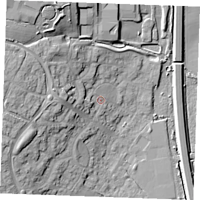 Shaded relief map of the ground around CM26GY, computed from Environment Agency LiDAR. The ground here sits at about 23 m above sea level and falls 22 m across the surrounding 800 m. Surface water reaching this point runs off ground lying to the west, 6.2 m higher.