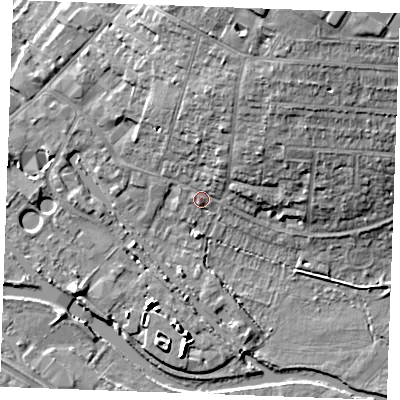 Shaded relief map of the ground around CM26HE, computed from Environment Agency LiDAR. The ground here sits at about 24 m above sea level and falls 15 m across the surrounding 800 m. Surface water reaching this point runs off ground lying to the north-north-east, 5.9 m higher.