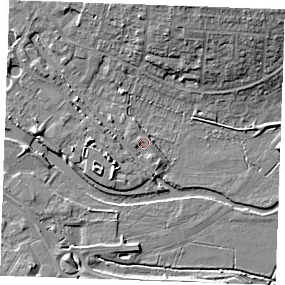 Shaded relief map of the ground around CM26HF, computed from Environment Agency LiDAR. The ground here sits at about 23 m above sea level and falls 11 m across the surrounding 800 m. Surface water reaching this point runs off ground lying to the south-south-east, 0.9 m higher.