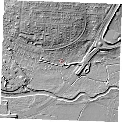 Shaded relief map of the ground around CM26HL, computed from Environment Agency LiDAR. The ground here sits at about 23 m above sea level and falls 13 m across the surrounding 800 m. Surface water reaching this point runs off ground lying to the north, 11.9 m higher.