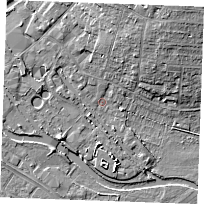 Shaded relief map of the ground around CM26HQ, computed from Environment Agency LiDAR. The ground here sits at about 23 m above sea level and falls 14 m across the surrounding 800 m. Surface water reaching this point runs off ground lying to the north-east, 12.5 m higher.