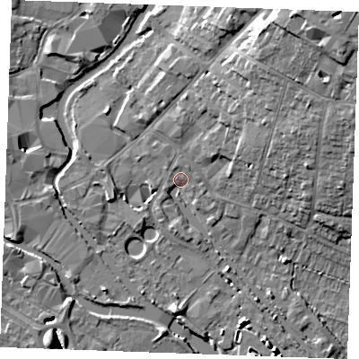 Shaded relief map of the ground around CM26HU, computed from Environment Agency LiDAR. The ground here sits at about 24 m above sea level and falls 16 m across the surrounding 800 m. Surface water reaching this point runs off ground lying to the north-north-east, 2.2 m higher.