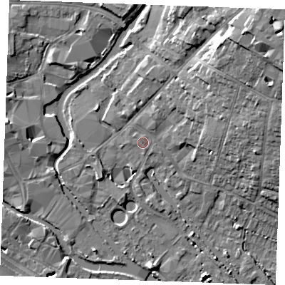Shaded relief map of the ground around CM26HX, computed from Environment Agency LiDAR. The ground here sits at about 25 m above sea level and falls 16 m across the surrounding 800 m. The ground contributing surface water to this point lies to the north-north-west.