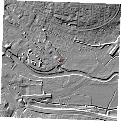 Shaded relief map of the ground around CM26HY, computed from Environment Agency LiDAR. The ground here sits at about 23 m above sea level and falls 10 m across the surrounding 800 m. Surface water reaching this point runs off ground lying to the west, 1.8 m higher.