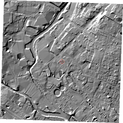 Shaded relief map of the ground around CM26HZ, computed from Environment Agency LiDAR. The ground here sits at about 25 m above sea level and falls 16 m across the surrounding 800 m. Surface water reaching this point runs off ground lying to the east-north-east, 0.9 m higher.