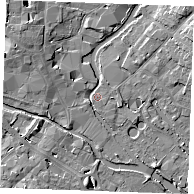 Shaded relief map of the ground around CM26JE, computed from Environment Agency LiDAR. The ground here sits at about 24 m above sea level and falls 10 m across the surrounding 800 m. Surface water reaching this point runs off ground lying to the north-north-east, 1.0 m higher.