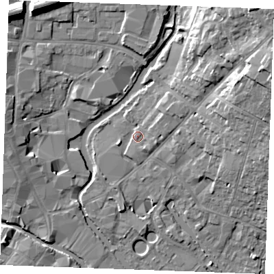Shaded relief map of the ground around CM26JG, computed from Environment Agency LiDAR. The ground here sits at about 25 m above sea level and falls 15 m across the surrounding 800 m. Surface water reaching this point runs off ground lying to the east-north-east, 13.2 m higher.