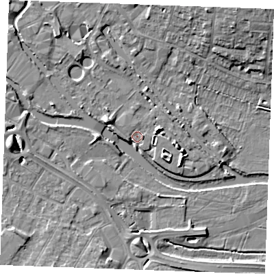 Shaded relief map of the ground around CM26JH, computed from Environment Agency LiDAR. The ground here sits at about 23 m above sea level and falls 11 m across the surrounding 800 m. Surface water reaching this point runs off ground lying to the east, 3.4 m higher.