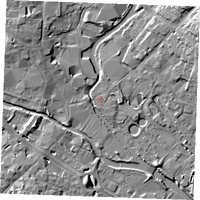 Shaded relief map of the ground around CM26JX, computed from Environment Agency LiDAR. The ground here sits at about 25 m above sea level and falls 11 m across the surrounding 800 m. The ground contributing surface water to this point lies to the east-south-east.