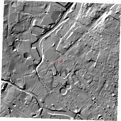 Shaded relief map of the ground around CM26JY, computed from Environment Agency LiDAR. The ground here sits at about 24 m above sea level and falls 16 m across the surrounding 800 m. Surface water reaching this point runs off ground lying to the west, 1.4 m higher.