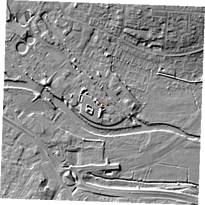 Shaded relief map of the ground around CM26LB, computed from Environment Agency LiDAR. The ground here sits at about 23 m above sea level and falls 10 m across the surrounding 800 m. Surface water reaching this point runs off ground lying to the south, 4.2 m higher.