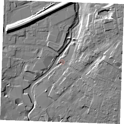 Shaded relief map of the ground around CM26LJ, computed from Environment Agency LiDAR. The ground here sits at about 25 m above sea level and falls 19 m across the surrounding 800 m. Surface water reaching this point runs off ground lying to the north-east, 17.6 m higher.