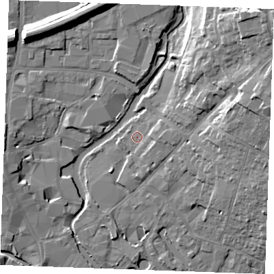 Shaded relief map of the ground around CM26LR, computed from Environment Agency LiDAR. The ground here sits at about 24 m above sea level and falls 17 m across the surrounding 800 m. Surface water reaching this point runs off ground lying to the east, 3.1 m higher.