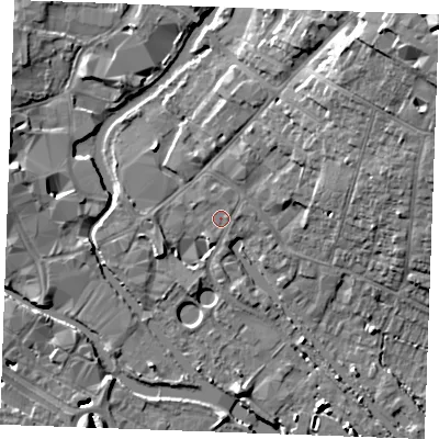 Shaded relief map of the ground around CM26LU, computed from Environment Agency LiDAR. The ground here sits at about 24 m above sea level and falls 16 m across the surrounding 800 m. Surface water reaching this point runs off ground lying to the east-north-east, 0.8 m higher.