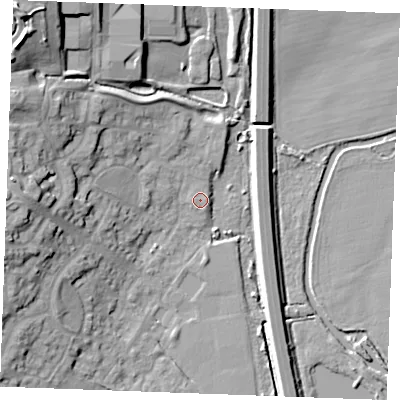 Shaded relief map of the ground around CM26LY, computed from Environment Agency LiDAR. The ground here sits at about 19 m above sea level and falls 22 m across the surrounding 800 m. Surface water reaching this point runs off ground lying to the west, 16.7 m higher.