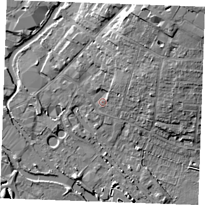Shaded relief map of the ground around CM26ND, computed from Environment Agency LiDAR. The ground here sits at about 25 m above sea level and falls 17 m across the surrounding 800 m. Surface water reaching this point runs off ground lying to the north-north-east, 8.4 m higher.