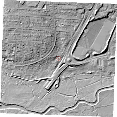 Shaded relief map of the ground around CM26NH, computed from Environment Agency LiDAR. The ground here sits at about 24 m above sea level and falls 15 m across the surrounding 800 m. Surface water reaching this point runs off ground lying to the north-north-west, 11.2 m higher.