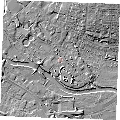 Shaded relief map of the ground around CM26NJ, computed from Environment Agency LiDAR. The ground here sits at about 23 m above sea level and falls 12 m across the surrounding 800 m. Surface water reaching this point runs off ground lying to the east-south-east, 2.4 m higher.