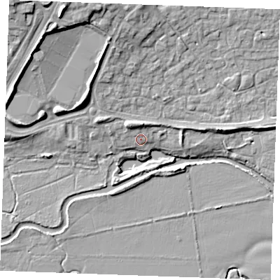 Shaded relief map of the ground around CM26NP, computed from Environment Agency LiDAR. The ground here sits at about 23 m above sea level and falls 15 m across the surrounding 800 m. Surface water reaching this point runs off ground lying to the north-west, 3.0 m higher.