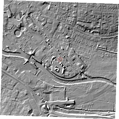 Shaded relief map of the ground around CM26NR, computed from Environment Agency LiDAR. The ground here sits at about 24 m above sea level and falls 11 m across the surrounding 800 m. Surface water reaching this point runs off ground lying to the south-south-east, 4.2 m higher.