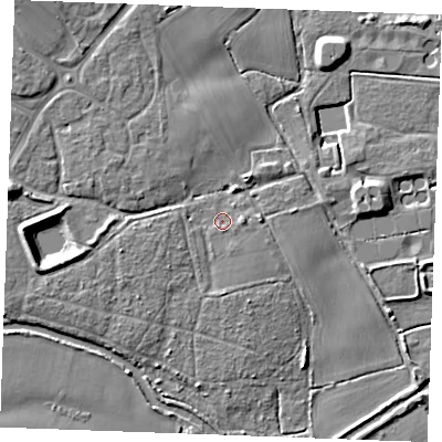 Shaded relief map of the ground around CM26NT, computed from Environment Agency LiDAR. The ground here sits at about 20 m above sea level and falls 9 m across the surrounding 800 m. Surface water reaching this point runs off ground lying to the west-south-west, 2.0 m higher.